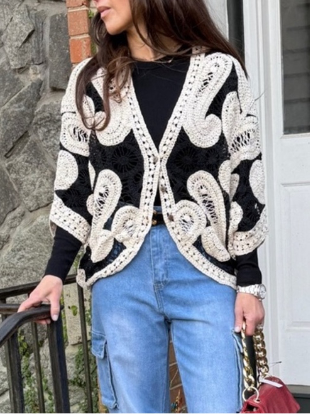 ShopEvelynne Black and Cream Crochet Open Cardigan